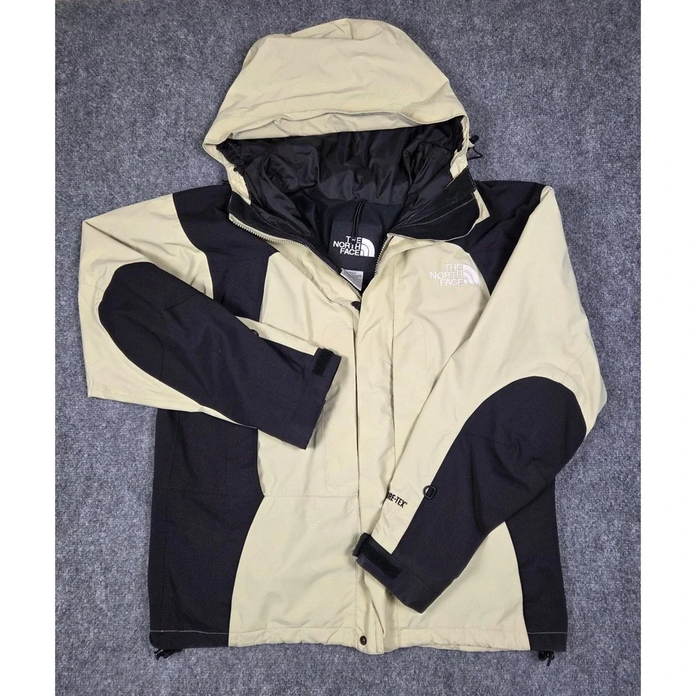 The North Face Waterproff Jacket Mens Large Beige Black Hooded Parka Shell